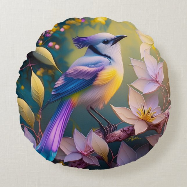 Coussins Ronds Oiseau Fantastique Violet à Tufté et Poitrine Jaun (Devant)