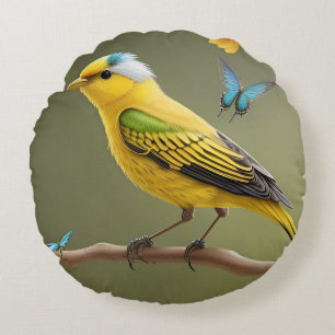 Coussins Ronds Oiseau jaune vibrant perché parmi les papillons