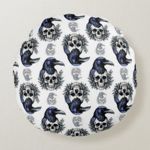 Coussins Ronds Oiseau noir sur un crâne Goth Design Motif