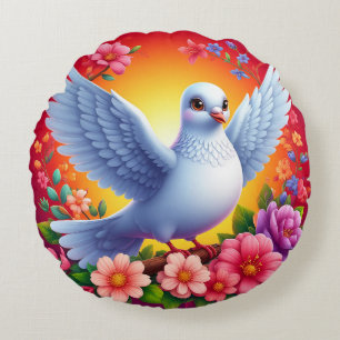 Coussins Ronds Oiseau perché parmi des fleurs colorées