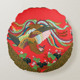 Coussins Ronds Oiseau Phoenix Rouge Japonais Vintage Art G.A. Aud