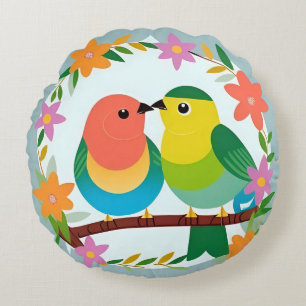 Coussins Ronds Oiseaux Amoureux en Fleurs – Cadeau Floral Coloré