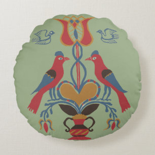 Coussins Ronds Oiseaux Art Populaire Américain Vintage Fleur de C