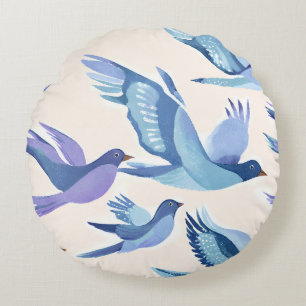 Coussins Ronds Oiseaux bleus volant Aquarelle moderne