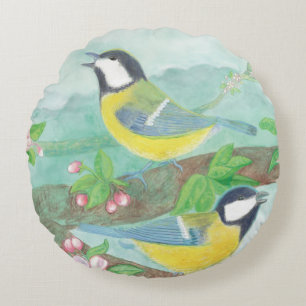 Coussins Ronds Oiseaux chantant sur une branche d'arbre en fleurs