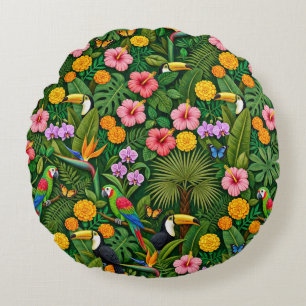 Coussins Ronds Oiseaux de jungle colorés et gais fleurs tropicale