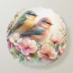 Coussins Ronds Oiseaux de l'amour doux pastel de printemps Fleurs