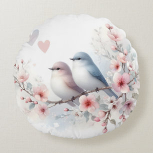 Coussins Ronds Oiseaux de l'amour romantique Branche de fleurs de