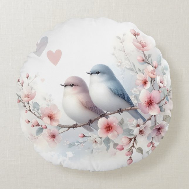 Coussins Ronds Oiseaux de l'amour romantique Branche de fleurs de (Devant)