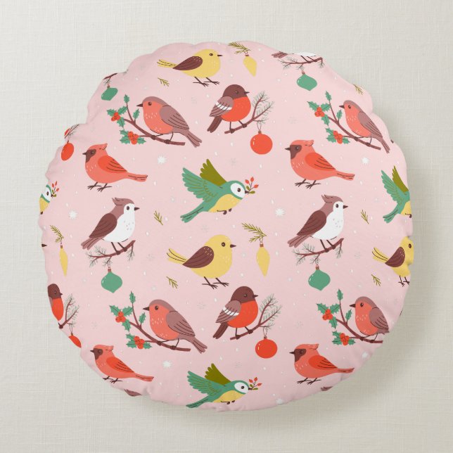 Coussins Ronds Oiseaux de Noël d'hiver pour enfants (Devant)
