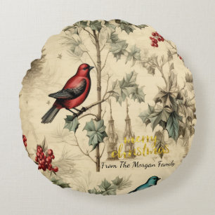 Coussins Ronds Oiseaux de Noël vintage baie de houx
