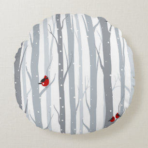 Coussins Ronds Oiseaux d'hiver : Arbres gris, Oiseaux rouges