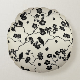 Coussins Ronds Oiseaux et fleurs de cerisier à motif noir sur bro