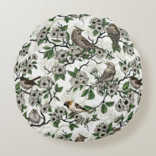 Coussins Ronds Oiseaux et fleurs de cerisier sur fond blanc