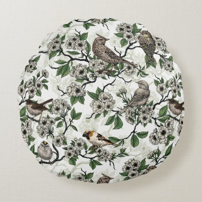 Coussins Ronds Oiseaux et fleurs de cerisier sur fond blanc (Devant)