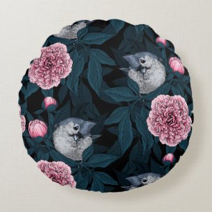 Coussins Ronds Oiseaux et fleurs de pivoines roses avec feuille