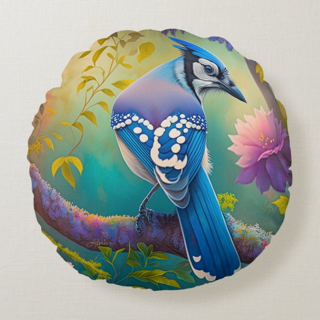 Coussins Ronds Oiseaux Fantastiques Geai Bleu (Devant)