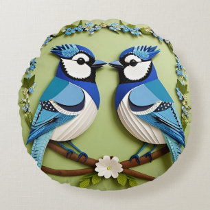 Coussins Ronds Oiseaux geai bleu Art en papier