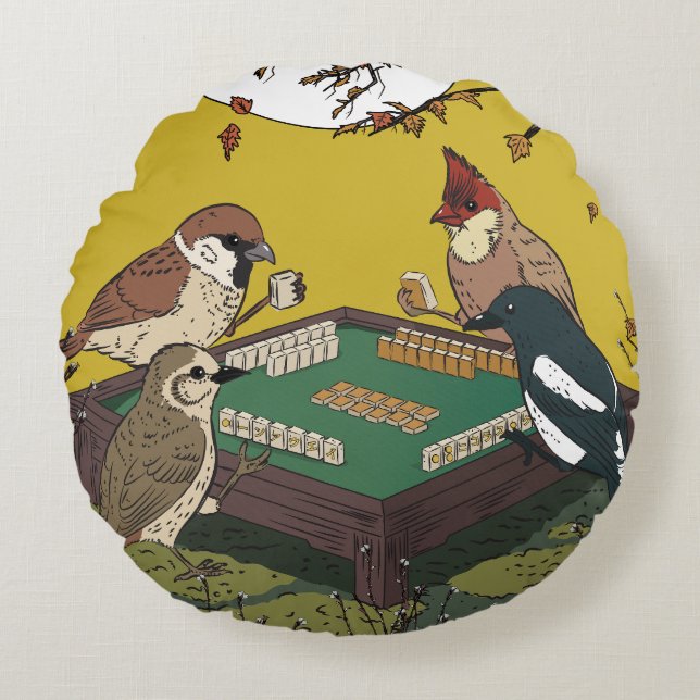 Coussins Ronds Oiseaux jouant au Mahjong  (Devant)