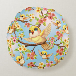 Coussins Ronds Oiseaux mignons et heureux parmi les fleurs du pri