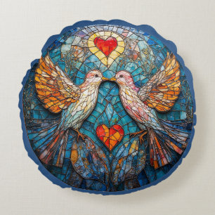Coussins Ronds Oiseaux Mosaïque artistique et Coeurs Afficher l'a