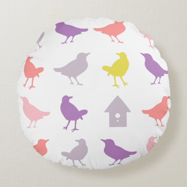 Coussins Ronds Oiseaux pastel rose et violet avec Birdhouse (Devant)