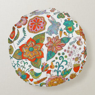 Coussins Ronds Oiseaux rétro colorés Fleurs et lapins lapins