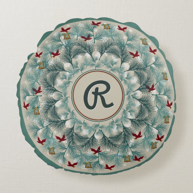 Coussins Ronds Oiseaux rouges et pins croustillants Personnalisés (Devant)