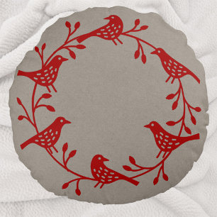 Coussins Ronds Oiseaux scandinaves avec couronne de rosehips