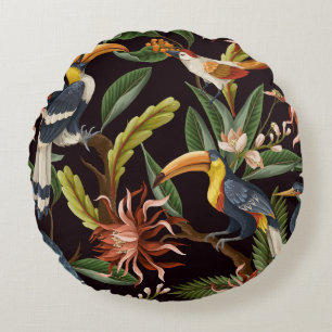 Coussins Ronds Oiseaux tropicaux : Feuilles Vintages & Fleurs