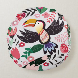 Coussins Ronds Oiseaux tropicaux, motif de gribouillis à fleurs.