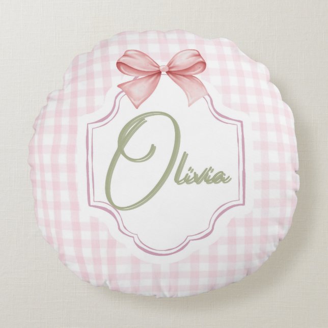 Coussins Ronds Olivia Bow rose personnalisé & En vichy imprimer (Devant)