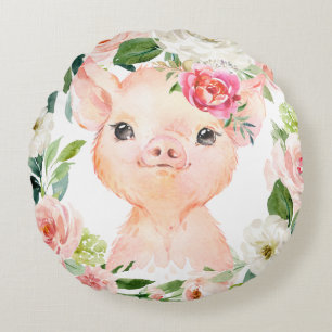 Coussins Ronds Olivia Pigsley Cochon avec couronne florale rose b