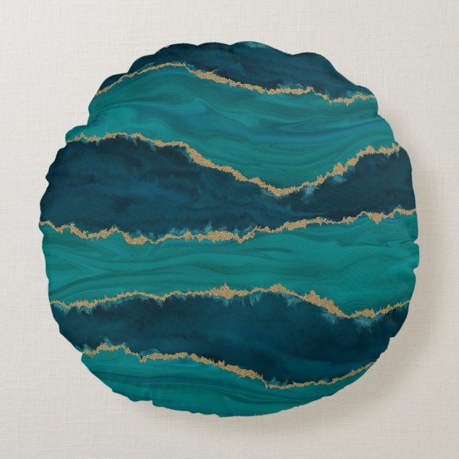 Coussins Ronds Ondes d'agate sarcelle – Marbre abstrait avec or (Devant)