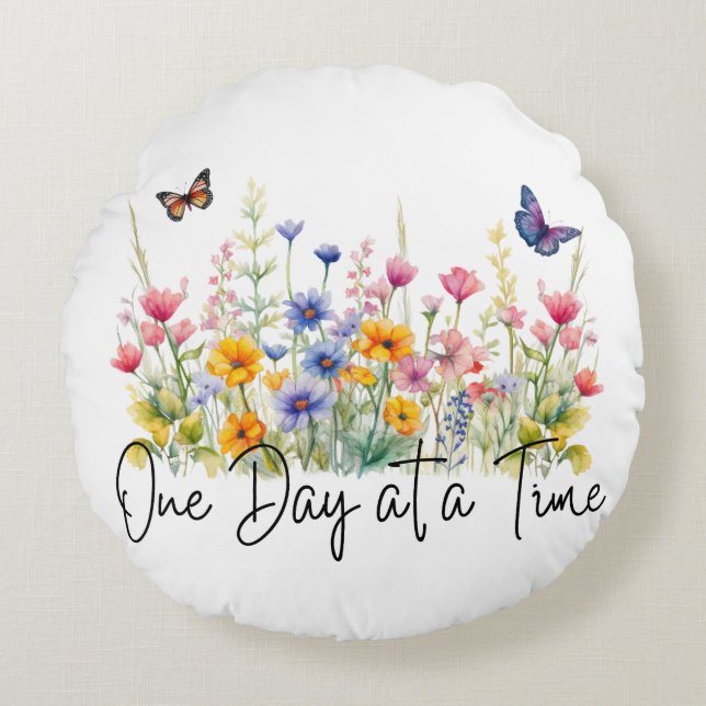 Coussins Ronds One Day at a Time Inspirational Quote Wildflowers (Devant)
