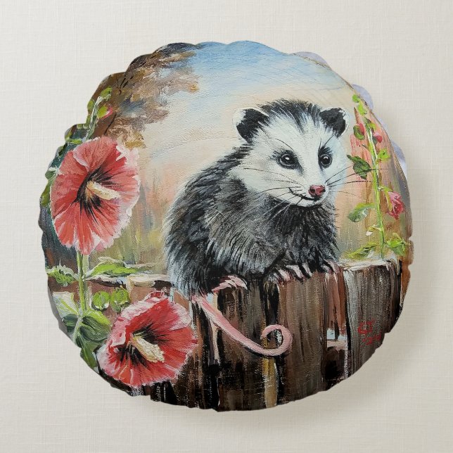 Coussins Ronds Opossum et hollyhocks Oreiller (Devant)