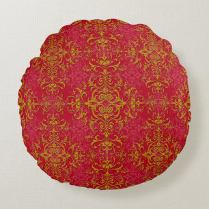 Coussins Ronds Or élégant sur motif damassé rouge rosé