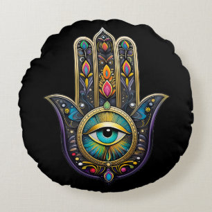 Coussins Ronds Or noir coloré Hamsa avec troisième œil turquoise