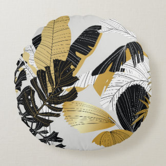 Coussins Ronds Or, plantes tropicaux noirs : luxe.