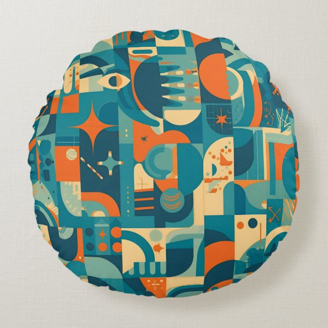 Coussins Ronds Orange and Teal Geometric Abstract (Devant)