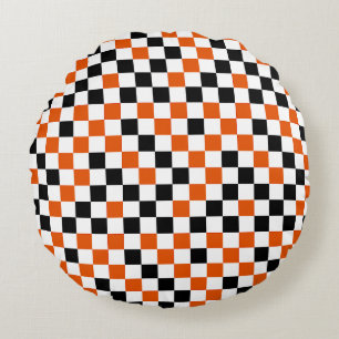 Coussins Ronds Orange Noir et Blanc à Damier 
