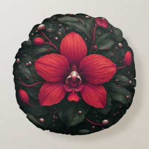 Coussins Ronds Orchidée rouge en fleurs avec des feuilles vertes