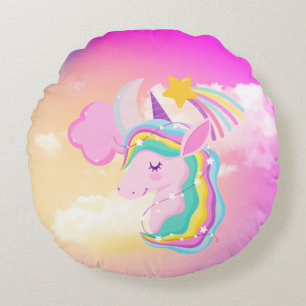 Coussins Ronds Oreiller à lancer arc-en-ciel Fushcia Unicorn