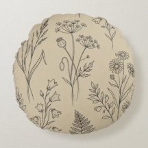 Oreiller botanique rond à motif de fleurs sauvages
