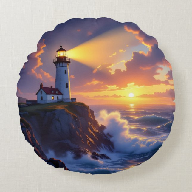 Coussins Ronds Oreiller Coucher de soleil du phare (Devant)