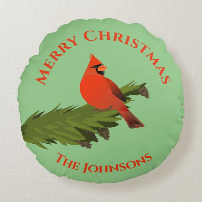 Coussins Ronds Oreiller de jet rouge cardinal de Noël oiseau vert (Devant)