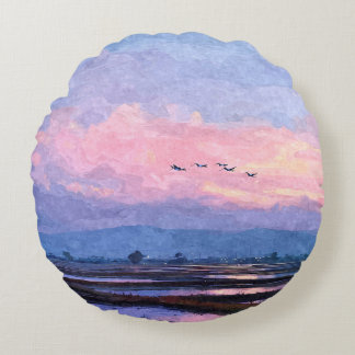 Coussins Ronds Oreiller de paysage à l'aquarelle Vol rose crépusc