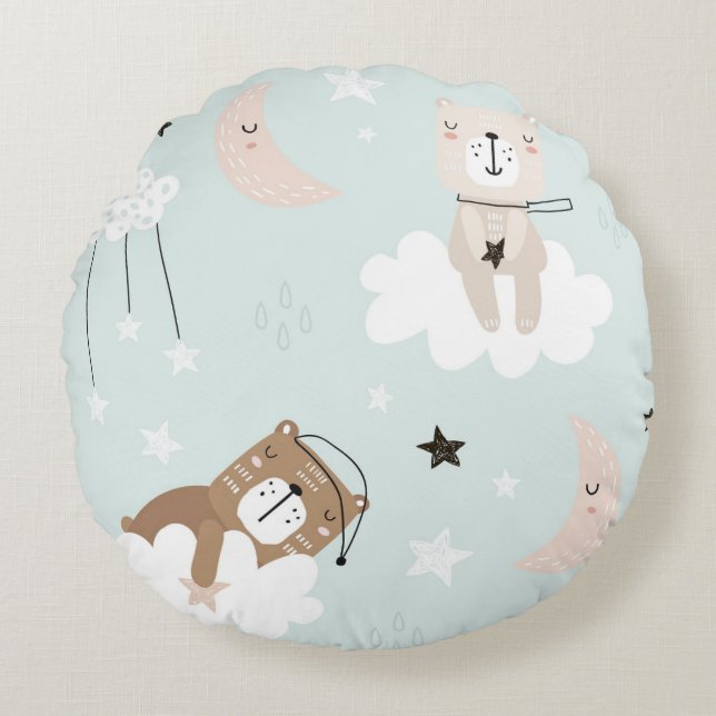 Coussins Ronds Oreiller jeté bleu Teddy mignon pour la nurserie (Devant)