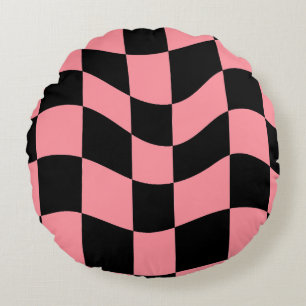 Coussins Ronds Oreiller jeté damier déformé - Rose et