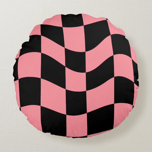 Coussins Ronds Oreiller jeté damier déformé - Rose et (Devant)